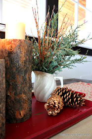 branches, ironstone, pitcher, thrift store, centerpiece, Christmas, pinecones, candles,http://bec4-beyondthepicketfence.blogspot.com/2015/12/12-days-of-christmas-day-8-woodland.html 
