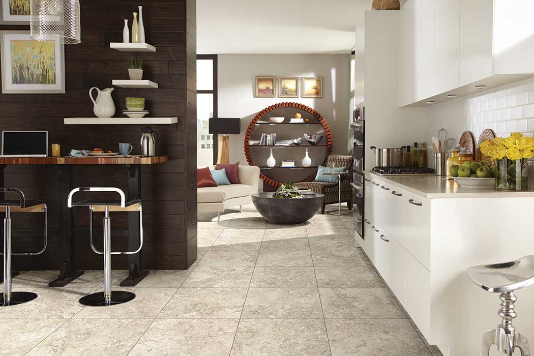 waterproof tile is beautiful & practical in this busy living space