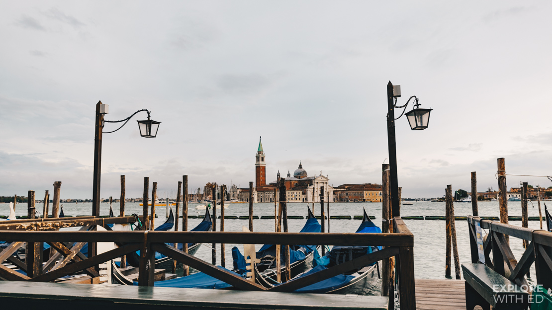 Gondolas Docked in Venice looking towards the island of San Giorgio Maggiore