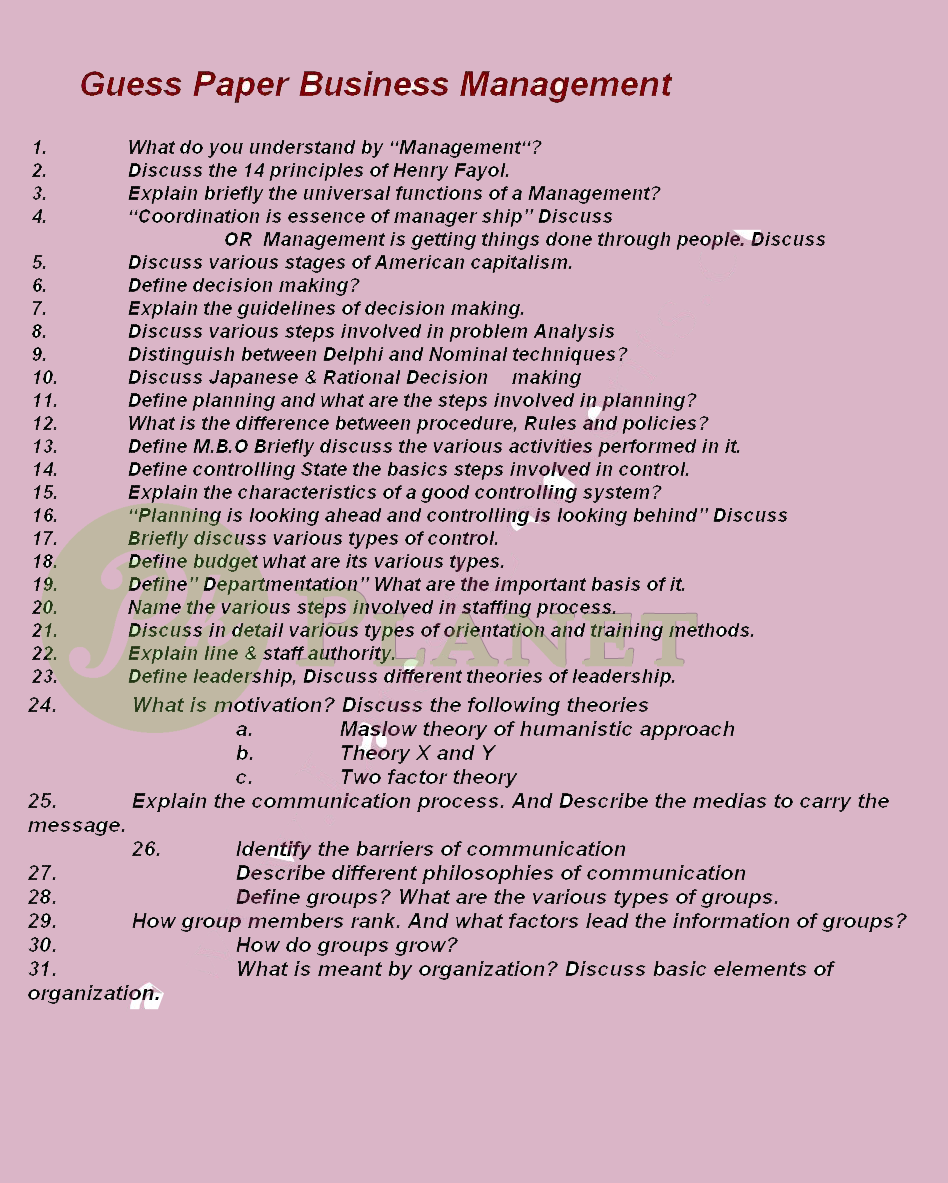 Business Management Guess Paper