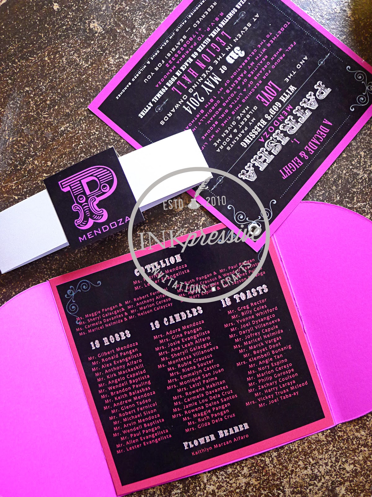 Debut Debut Invitation + Hot Pink and Black + Half Petal Envelope + Party Accessories