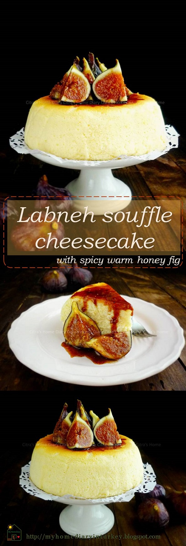 Labneh (strained yogurt) souffle cheesecake with spicy warm honey fig. To get this labneh, you need to drain/ strain plain thick yogurt at least over night or until 24 hour. Keep it inside refrigerator while you drain your yogurt. Use cheese cloth and put on sieve with a bowl for dropping whey underneath. #labneh #creamcheese #healthycreamcheese  #cheesesoufflecake #fig  #spicybakedfig #dessert #soufflecake #citrashomediary #middleeastern #yoghurtdessert