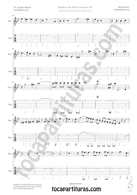 3 Partitura de Guitarra Tablature Punteo Tab Simphony de Sinfonía Nº40 de Mozart