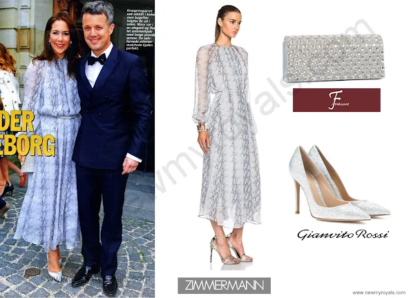 The Crown Princess wore a Zimmermann Seer Snake Dress, J Furmani Stone Flap Clutch with Gianvito Rossi Crackled Metallic Leather Point Toe Pumps.