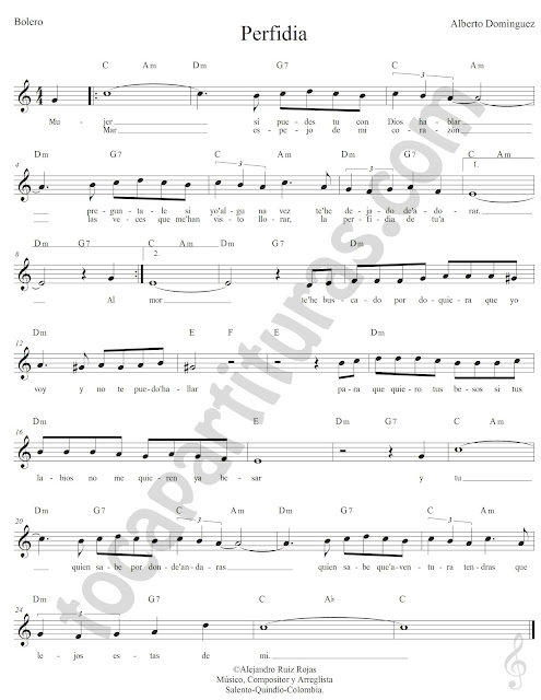 Perfidia de Alberto Dominguez Partitura Clave de Solcon Acordes Perfidia Treble Clef Sheet Music with Chords