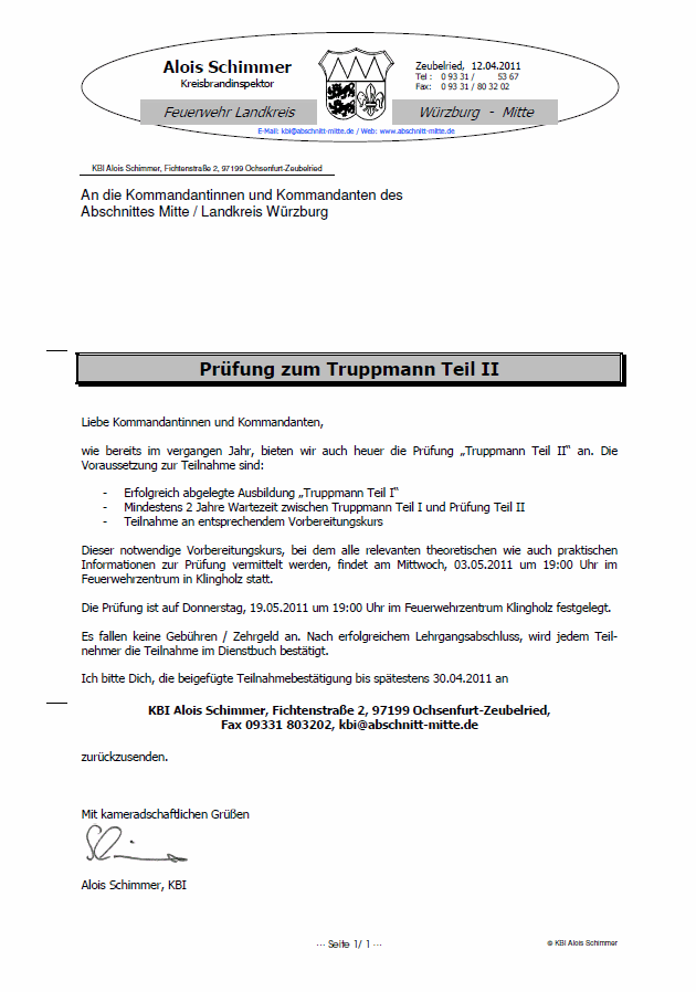 Feuerwehr Würzburg Abschnitt Mitte Prüfung Truppmann Teil 2