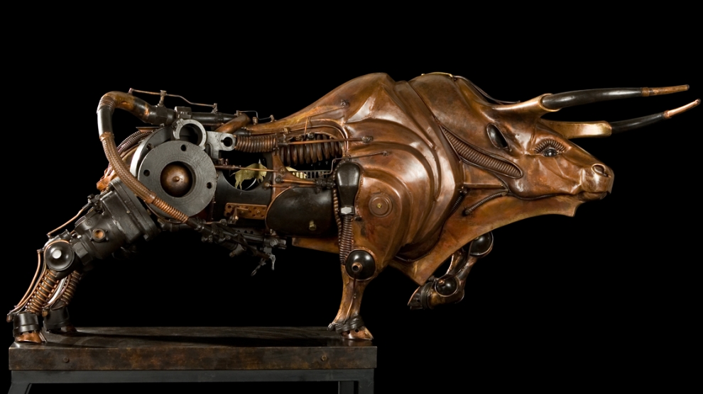 металлический бык. тренажер бык родео. скульптор в стимпанк пьер маттер. художник скульптор пьер маттер в стиле стимпанк. механический бык.