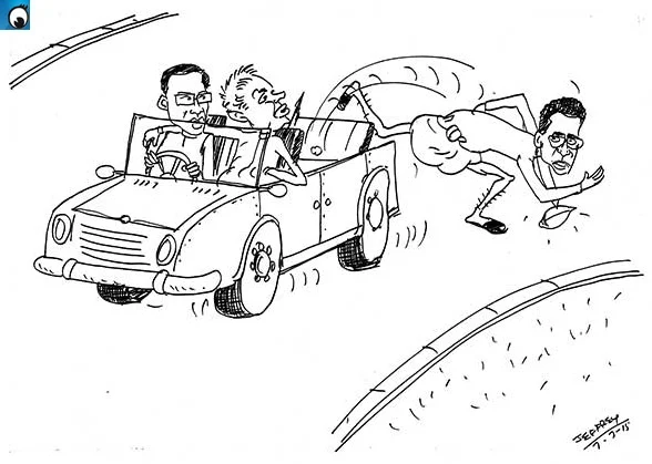 Champika pushed from the vehicle by Maithri and Ranil (Tuesday's cartoon)