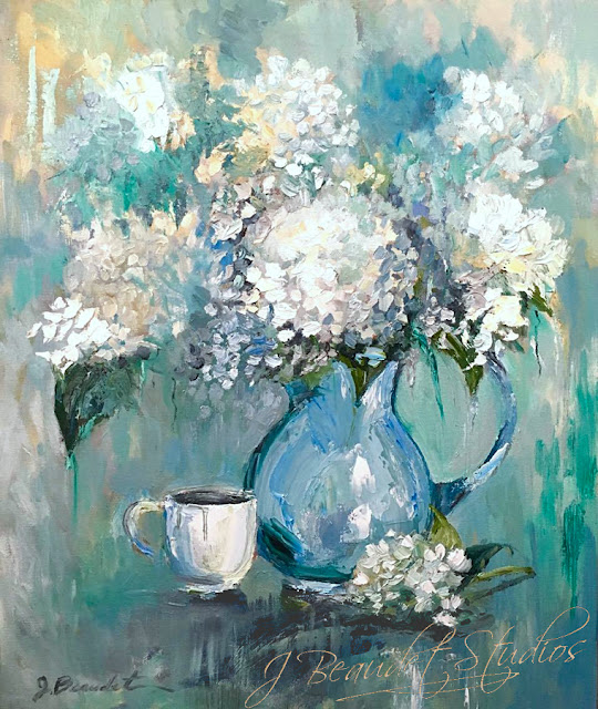 beautiful white hydrangeas in blue vase palette knife painting by Jennifer Beaudet Zondervan