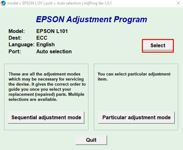 seleccionar modelo impresora epson l101