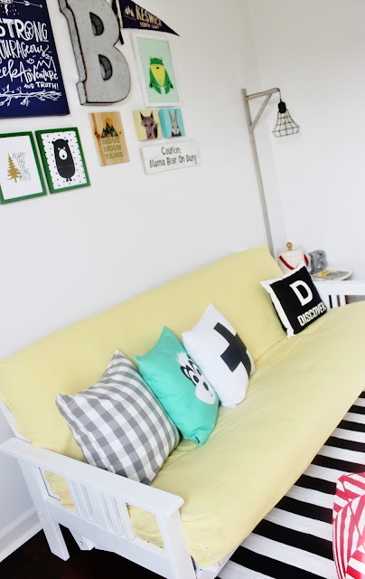 Futon Makeover in a Fun and Colorful Kid's Camp Themed Playroom by Delightfully Noted #oneroomchallenge