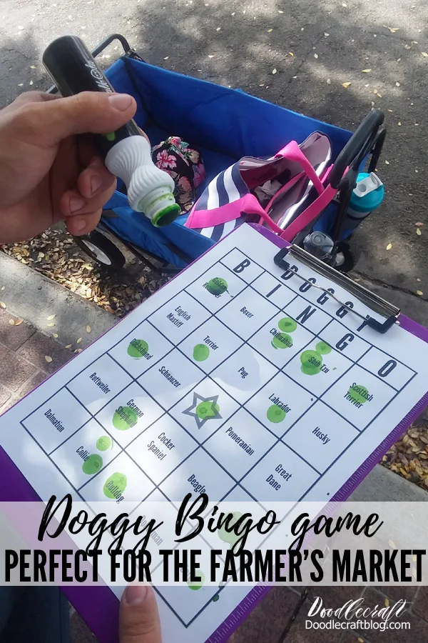 Free printable Bingo card with breeds of dogs in each square, marked off with a paint dauber when the dog was spotted at the market.