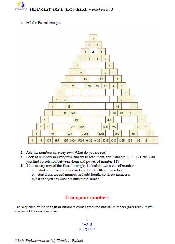 TRIANGLES ARE EVERYWHERE: Worksheet about Pascal triangle from Poland