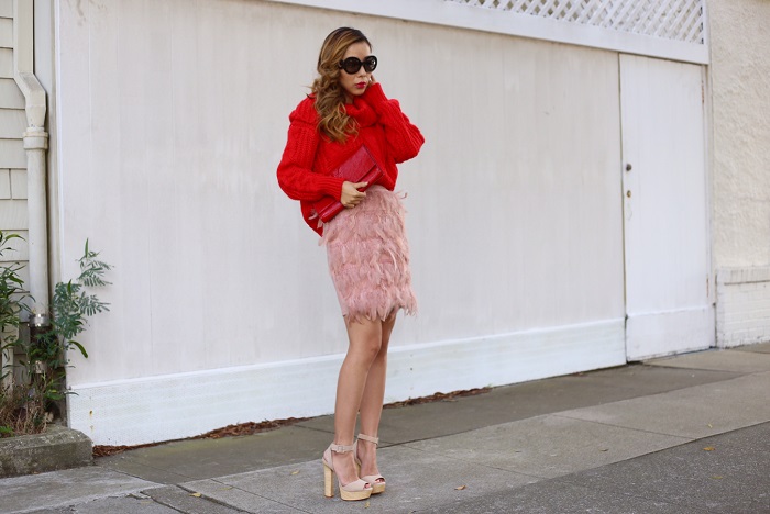Shein Red High Neck Cable Knit Sweater, missguided feather mini skirt, schutz amatista platform shoes, saint laurent clutch, kendra scott earrings, prada sunglasses, fashion blog, holiday outfit, holiday look, kendra scott earrings, kendra scott mirror mirror collection