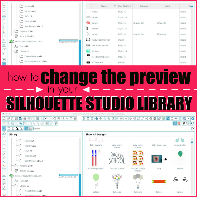 change preview silhouette studio library, sihouette studio library, silhouette cameo tutorials, silhouette beginners