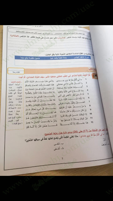 الامتحان الوزاري لمادة اللغة العربية للصف الثاني عشر نهاية الفصل الدراسي الأول