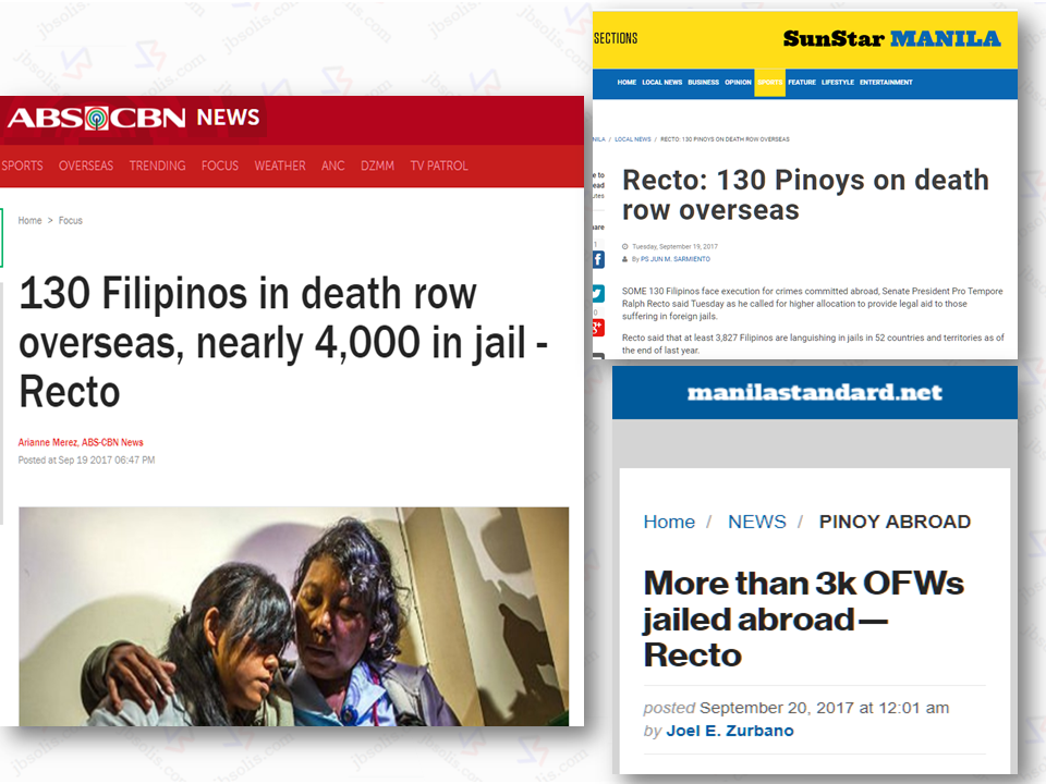 At least 3,827 Filipinos were put in jail, 137 of them including 33 female, serving life sentences, while 625 others are under investigation due to various criminal and immigration-related cases in 52 countries, Senator Ralph Recto said. Citing a 1,084-page Department of Foreign Affairs report to the Senate, most of those Filipinos were jailed for their alleged involvement in drug -related cases. He said the DFA report is a compendium of dispatches sent by Philippine embassies and consulates on the problems confronted by Filipinos in distress within their jurisdiction from July to December 2016. Recto said it will be hard to determine the final number, or piece together a complete picture of Filipinos in trouble with the law abroad as many of the reports submitted by the DFA’s 81 foreign posts lacked details or incomplete.    Sponsored Links Sen Recto calls for higher allocation for the assistance of OFWs  being charged or undergoing trials for various cases abroad.  The proposed Assistance to Nationals Fund in 2018 national budget will jump to 150% to P1 billion in 2018, while a legal fund, also managed by the DFA, will be P200 million but according to Sen. Recto, it is still not enough.   From July to December last year, the number of OFWs facing cases abroad is at 4,745 and has probably increased as of this writing.   Sources: Manila Standard, SunStar, ABS-CBN   Advertisement  Read More:          ©2017 THOUGHTSKOTO
