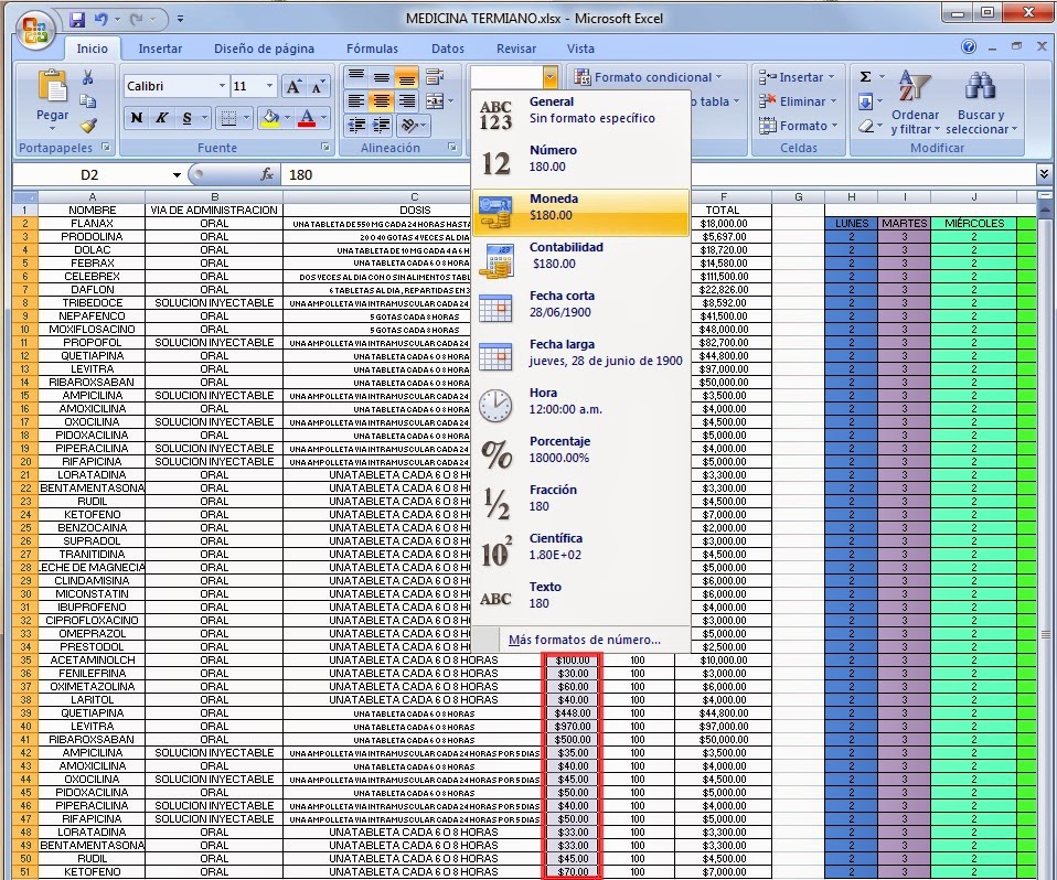 Microsoft Excel PRACTICA LISTA DE MEDICAMENTOS