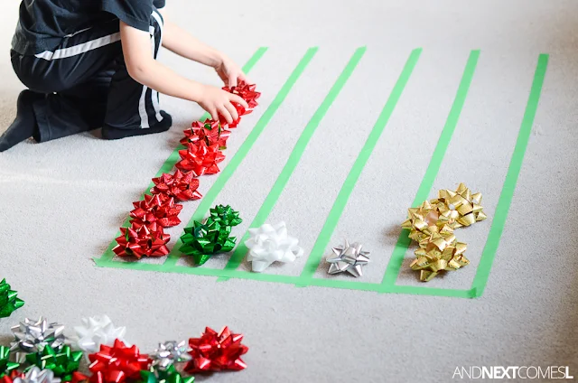 Christmas activity for kids using gift bows from And Next Comes L