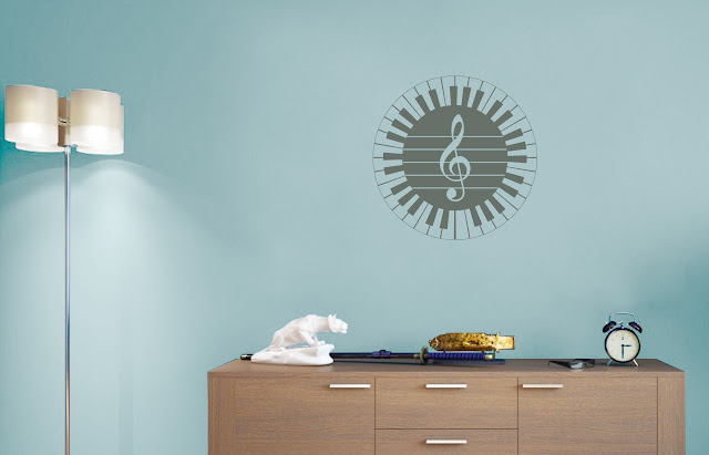 A musical circle surrounded by piano notes and a clef in the middle. Ideal for contemporary home design.