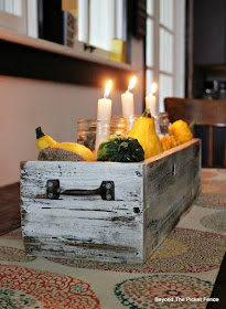 crate, fall centerpiece, salvaged wood, fence boards, candlebox, https://goo.gl/cdoqCj