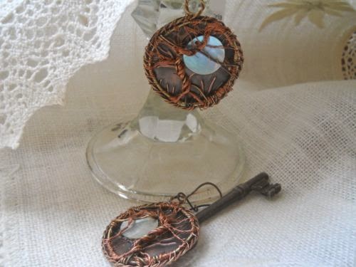 tree of life earrings, copper, bronze, rose gold and shell