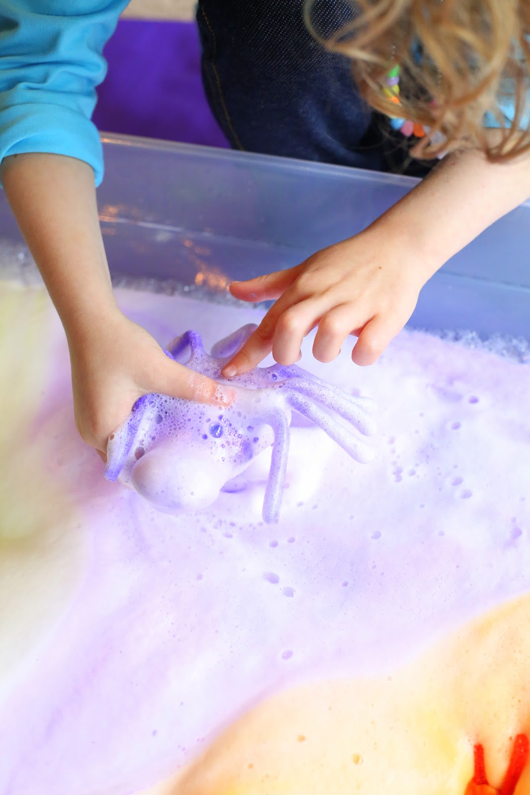 Magic Halloween Foaming Spiders - they shoot out rays of colored soap foam and disappear into a mound of fluffy colored foam, leaving baby spiders behind.  From Fun at Home with Kids