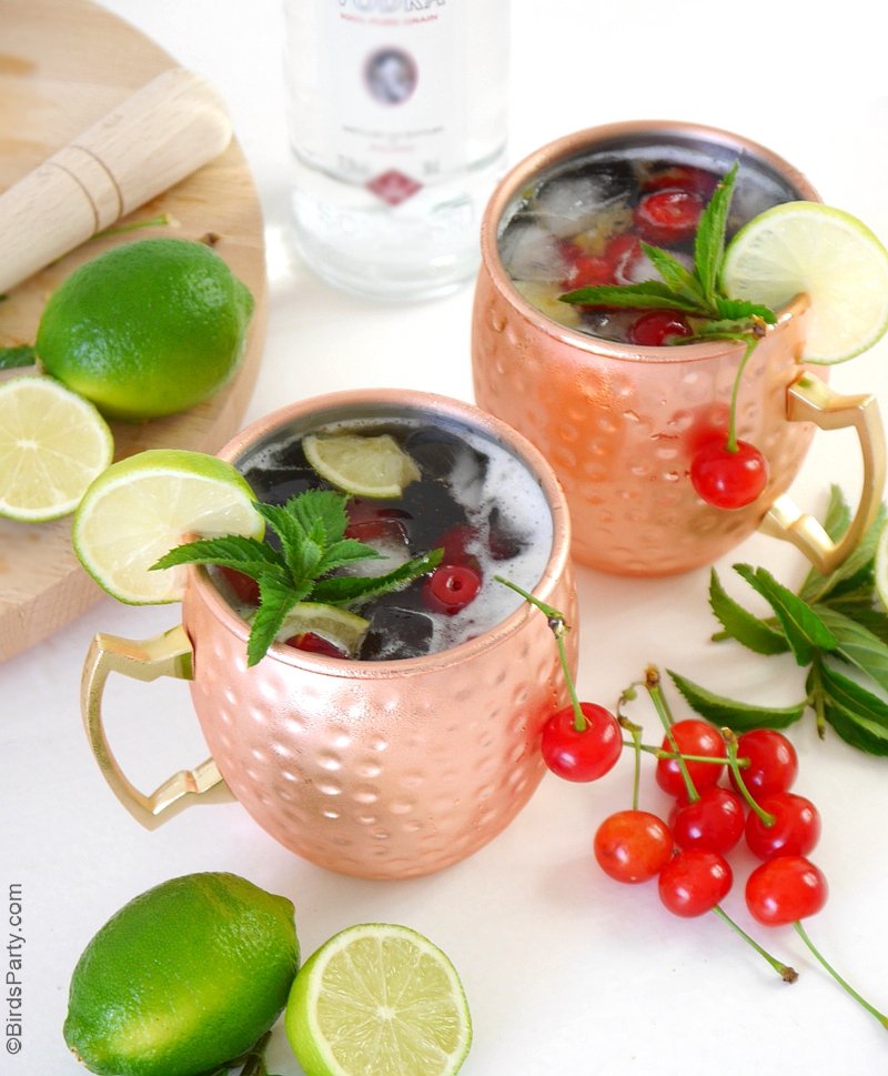 Cherry Moscow Mule Cocktail Recipe - a tasty and easy to make cocktail flavored with Kirsch, cherries and limes! Recipe for one serving or big batch cocktail! by BirdsParty.com @birdsparty