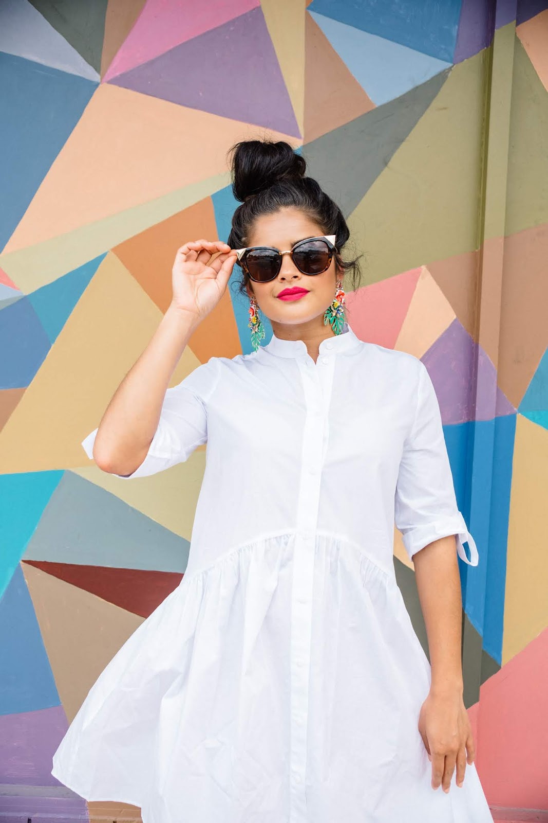 Priya the Blog, Nashville fashion blog, Nashville fashion blogger, Stila Liquid Lipstick in Bella, Zara Statement Earrings, tropical earrings, Zara white button-up swing dress, pink clogs, pink Swedish Hasbeens, summer outfit, Summer office outfit, Summer wear to work outfit, 
