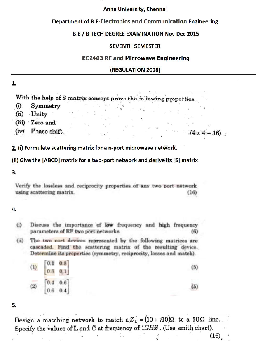 EC2403 RF and Microwave Engineering BE ECE Nov Dec 2015 Important