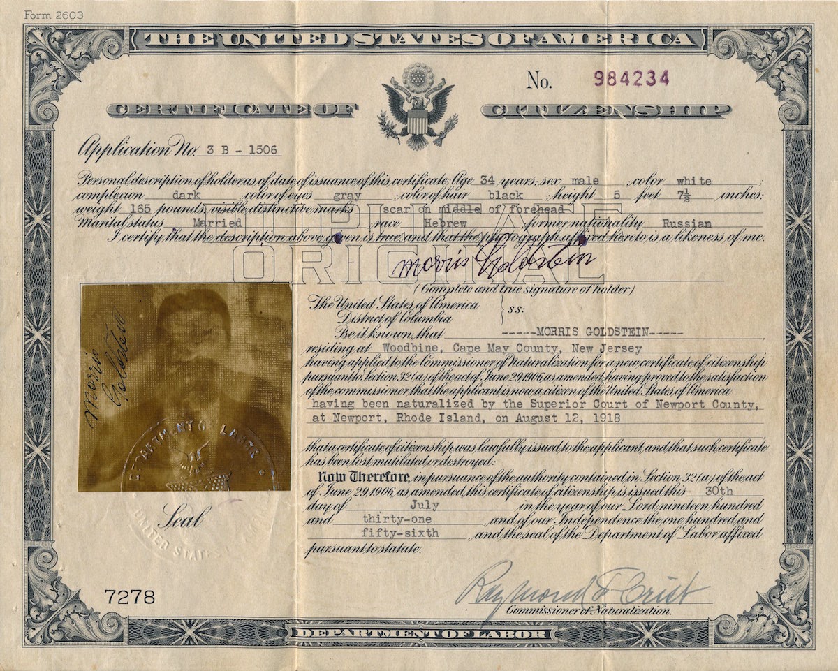 A Jewish Genealogy Journey Certificate Of Citizenship For Morris Goldstein