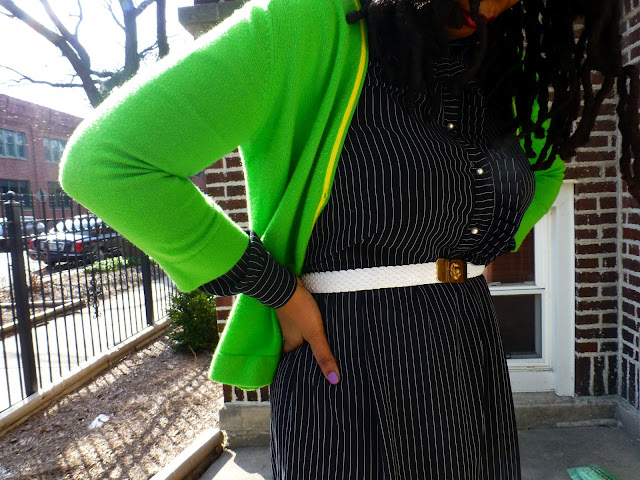 Black and white stries with neon green cardigan