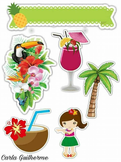 Fiesta Hawaiana: Toppers para Tartas, Tortas, Pasteles, Bizcochos o Cakes para Imprimir Gratis. 