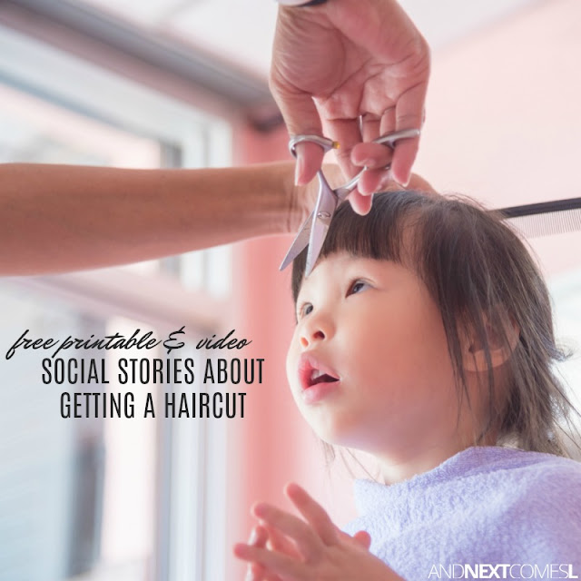 Free printable haircut social stories for kids including a video social story about getting a haircut