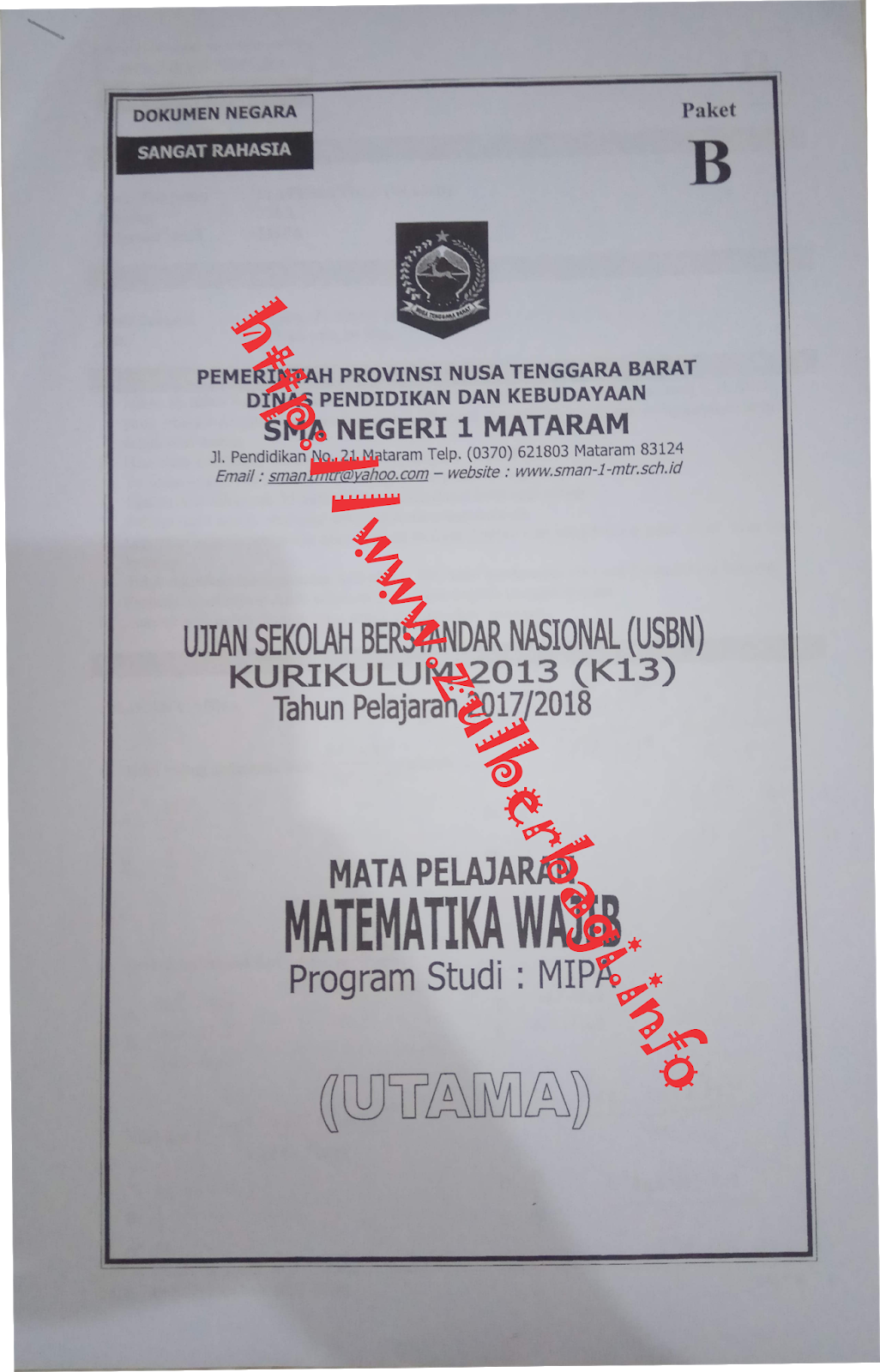 Soal USBN Matematika Wajib 2018 SMA Kelas 12 Paket B (Asli) - CARAKUBERBAGI