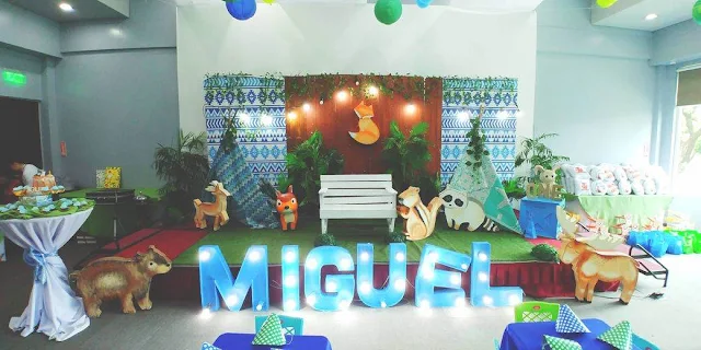 Woodland theme venue styling for Miguel’s Baptism and First Birthday Celebration