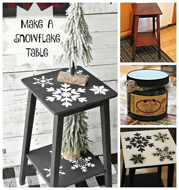 Thrift Shop Table Upcycled For Winter/Christmas #dixiebellepaint #snowflake #stencil #Christmasdecor #winterdecor
