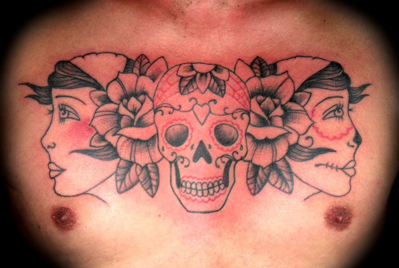 Skull and chest tattoo design for men and women girl images photos  title=