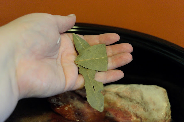 A palm with three bay leaves in it. 