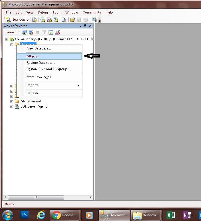 how to attach database in SQL Server Management Studio 2008