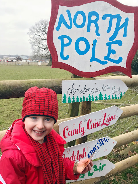Little boy dressed in winter clothes next to a sign post pointing to the North Pole