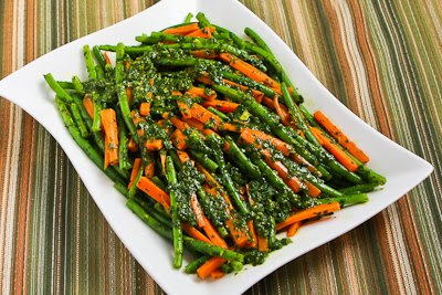 Steamed Green Beans and Carrots with Charmoula Sauce found on KalynsKitchen.com