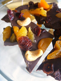 French Chocolate Bark:  Dried apricots, cranberries, and dried cranberries top a mixture of dark and semi-sweet chocolate.  Deep and rich with sweet, tart, and crunchy bites!  WOW! - Slice of Southern