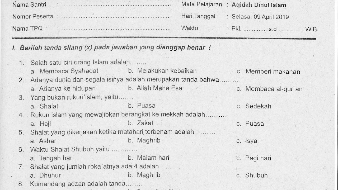 Soal Ulangan Dinul Islam Kunci Sukses