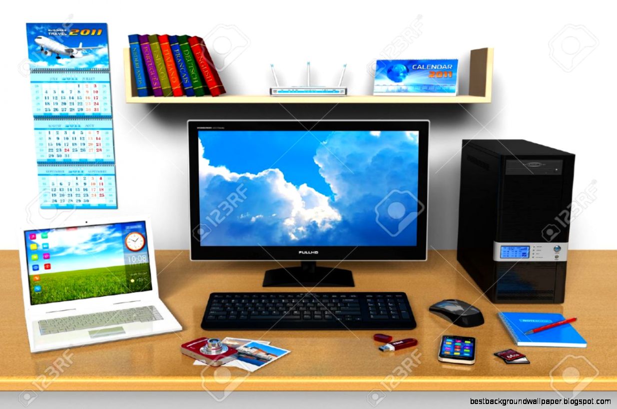 Office Workplace With Desktop Computer Laptop Smartphone