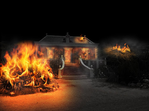 Fotomontagem de casa sendo incendiada (créditos no final do post)