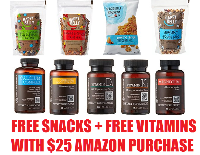Free Bag of Snacks + Free Bottle of Vitamins With a 25 Amazon Purchase