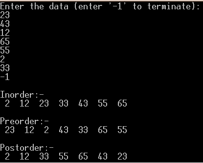 C Programs: Binary Search Tree with Inorder, Preorder, Postorder Traversal