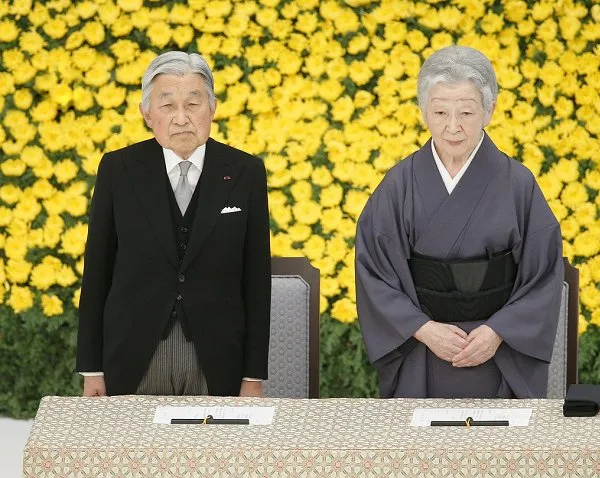 Emperor Akihito and Empress Michiko at a memorial service for war victims at the Nippon Budokan