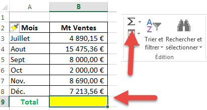 Sélectionner la fonction somme automatique